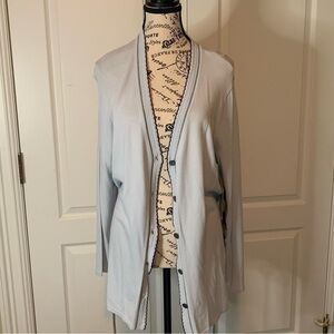 Jones New York Woman’s sky-blue belted cardigan. Size 1X